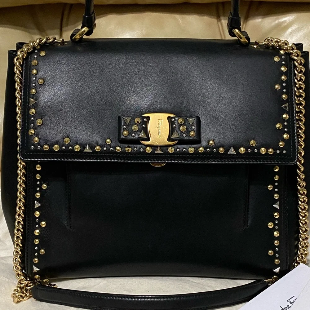 Salvatore Ferragamo COA Leather Satchel Studded Carrie Vara Bow Chain Top Handle - Picture 3 of 12